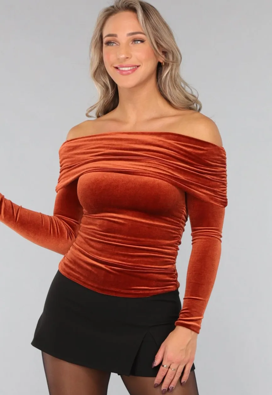 Roestbruine Fluwelen Top met Blote Schouders