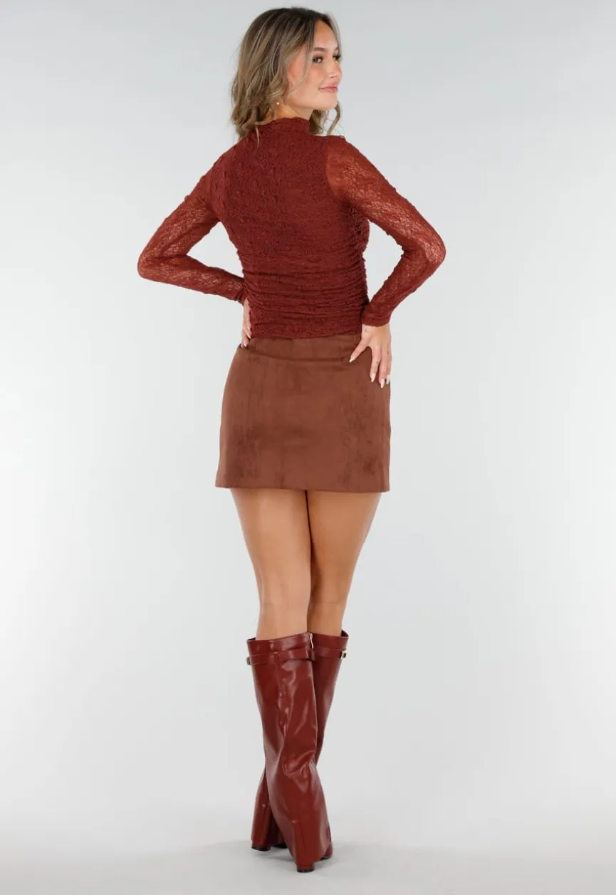 Roestbruine Suèdelook Rok in Mini Lengte met Effen Design