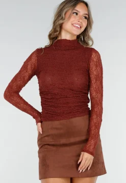 Roestkleurige See Through Kanten Top met Gedrappeerd Effect
