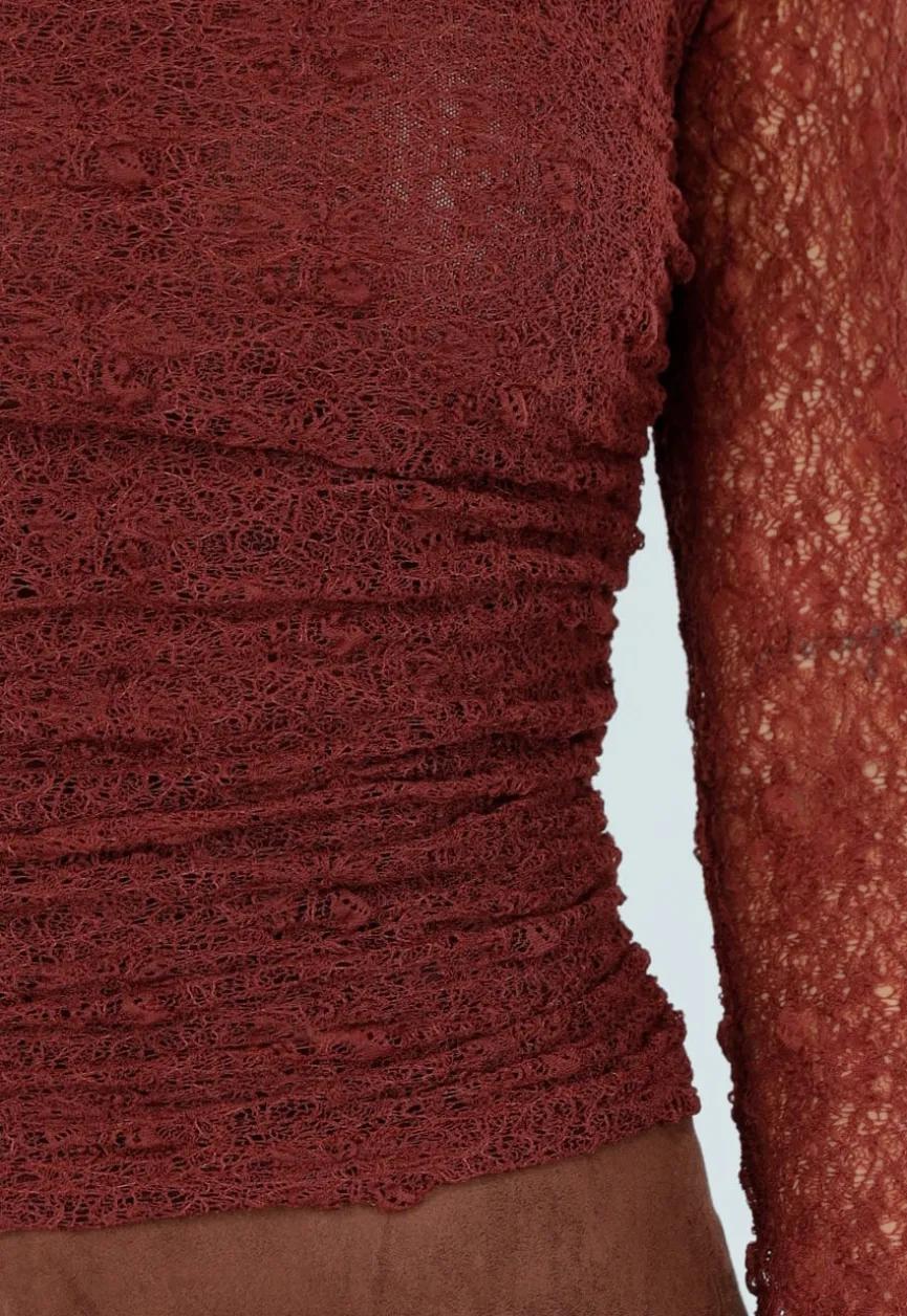 Roestkleurige See Through Kanten Top met Gedrappeerd Effect