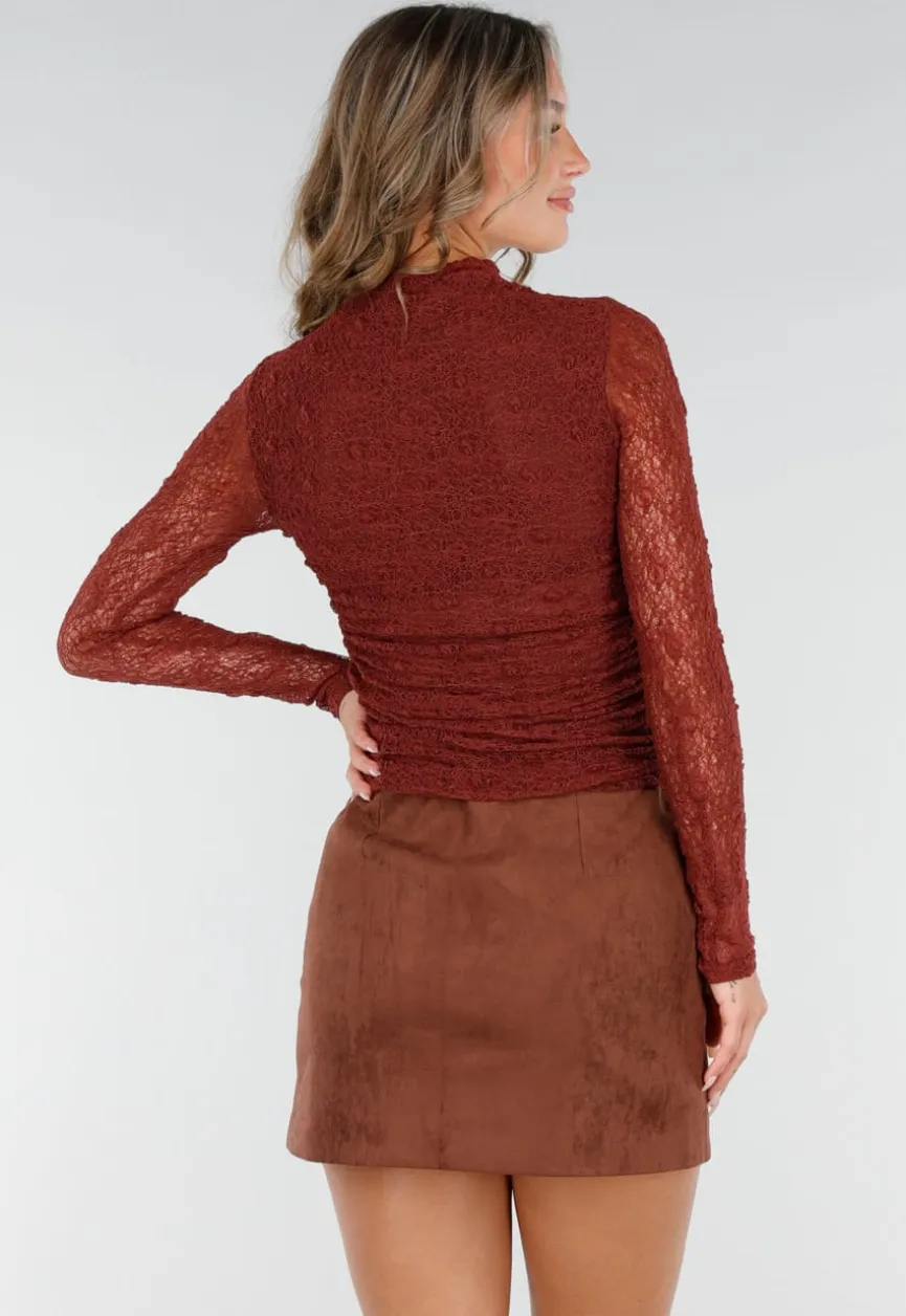 Roestkleurige See Through Kanten Top met Gedrappeerd Effect