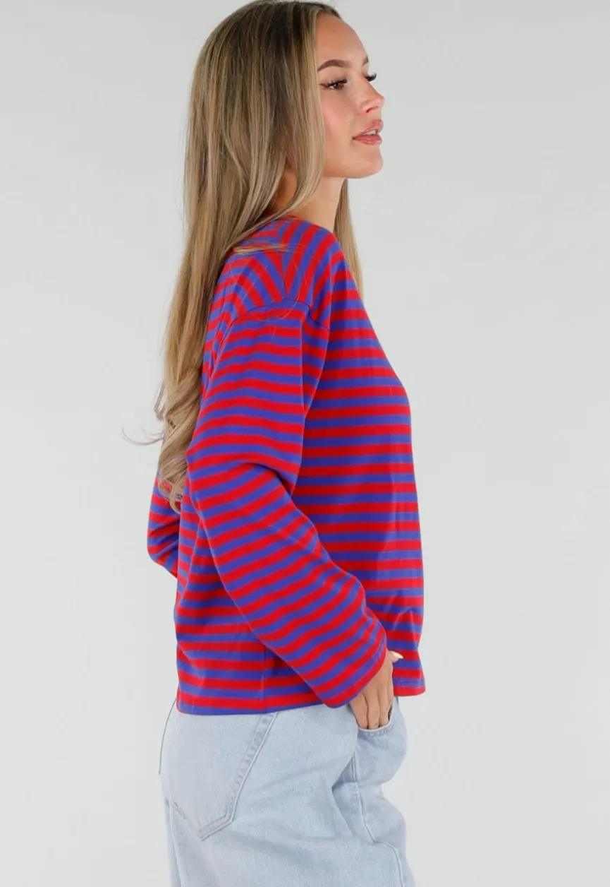 Rood Blauwe Gestreepte Top met Lange Mouwen en Ronde Hals
