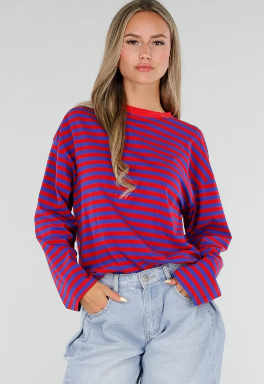 Rood Blauwe Gestreepte Top met Lange Mouwen en Ronde Hals
