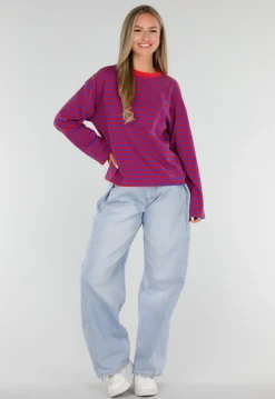 Rood Blauwe Gestreepte Top met Lange Mouwen en Ronde Hals