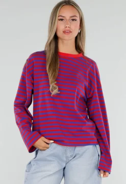 Rood Blauwe Gestreepte Top met Lange Mouwen en Ronde Hals