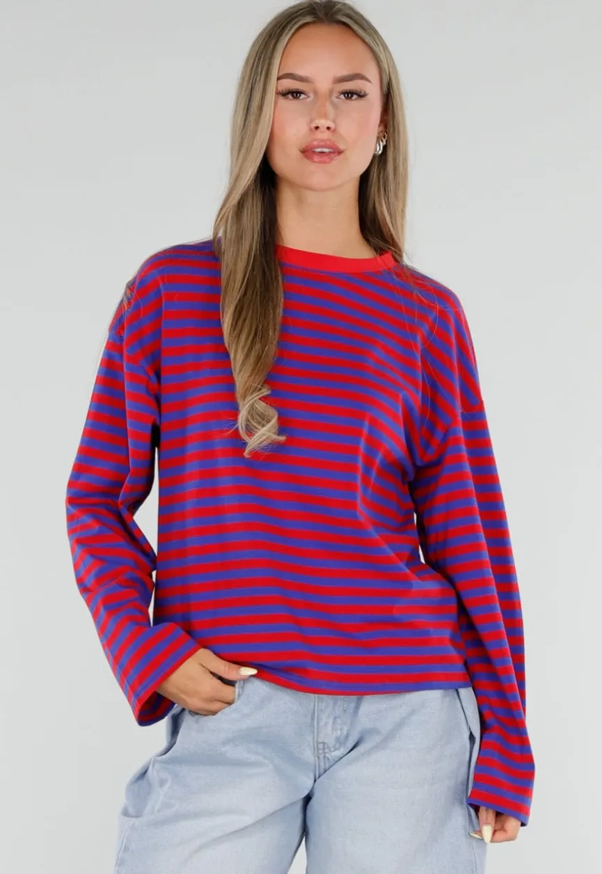 Rood Blauwe Gestreepte Top met Lange Mouwen en Ronde Hals