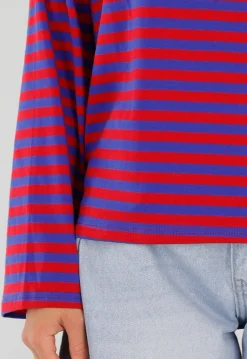 Rood Blauwe Gestreepte Top met Lange Mouwen en Ronde Hals