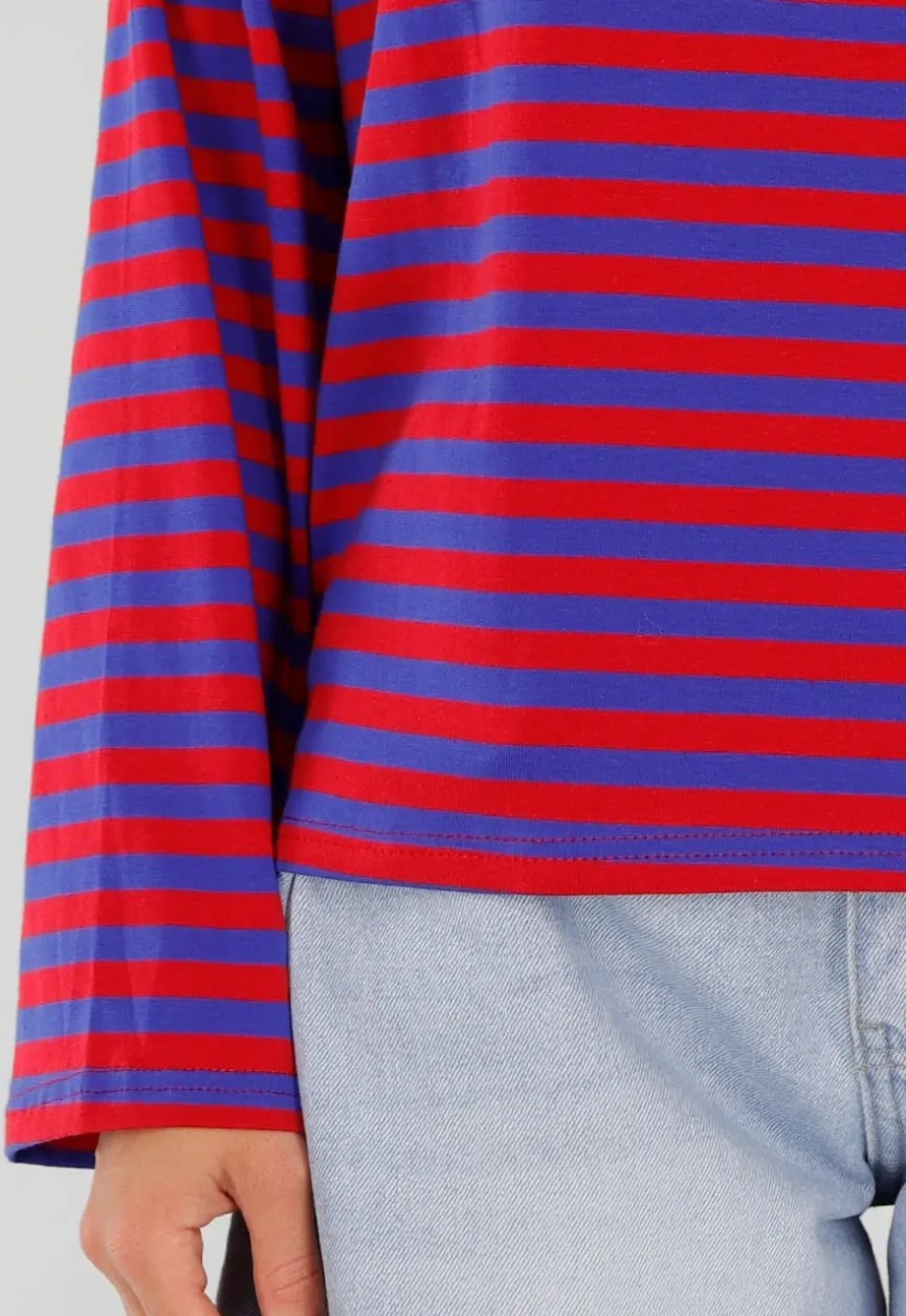Rood Blauwe Gestreepte Top met Lange Mouwen en Ronde Hals
