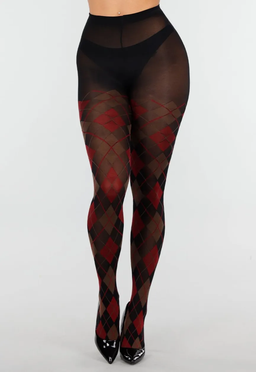 Rood Bruine 50 Den Panty met Argyle Print