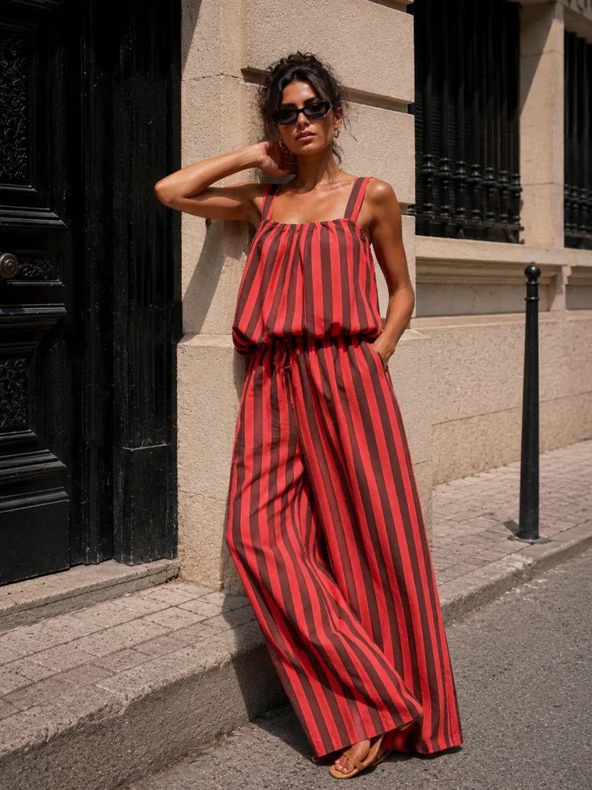 Rood Bruine Gestreepte Two Piece Set met Mouwloze Top en Wide Leg Broek