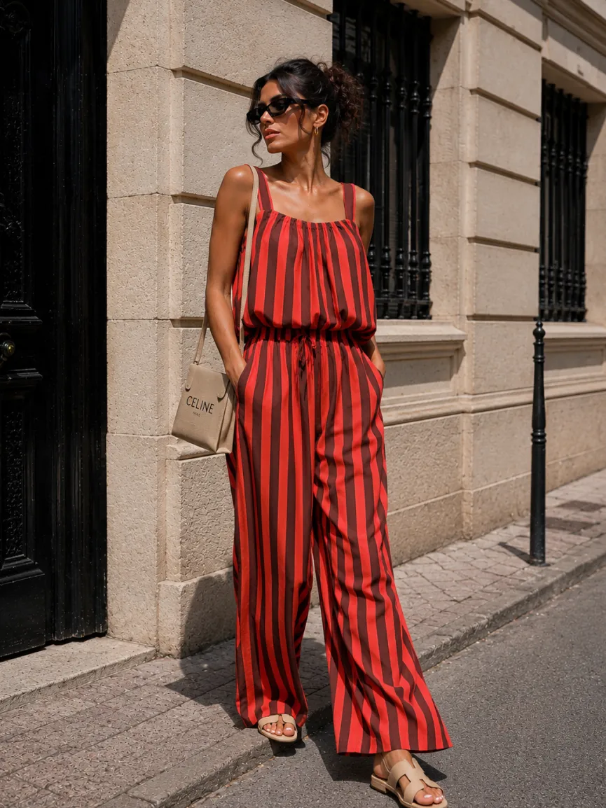 Rood Bruine Gestreepte Two Piece Set met Mouwloze Top en Wide Leg Broek