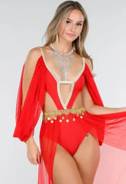 Rood Buikdanseres Kostuum met Gouden Accenten en Doorzichtige Rok