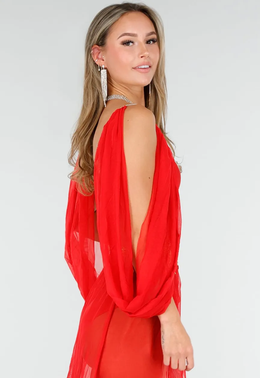 Rood Buikdanseres Kostuum met Gouden Accenten en Doorzichtige Rok