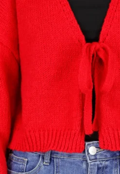 Rood Gebreid Vest met Strik aan de Voorzijde