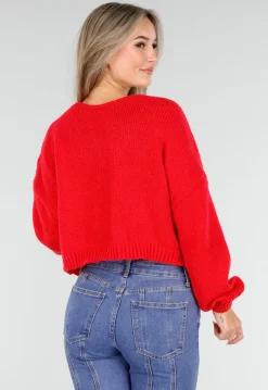 Rood Gebreid Vest met Strik aan de Voorzijde