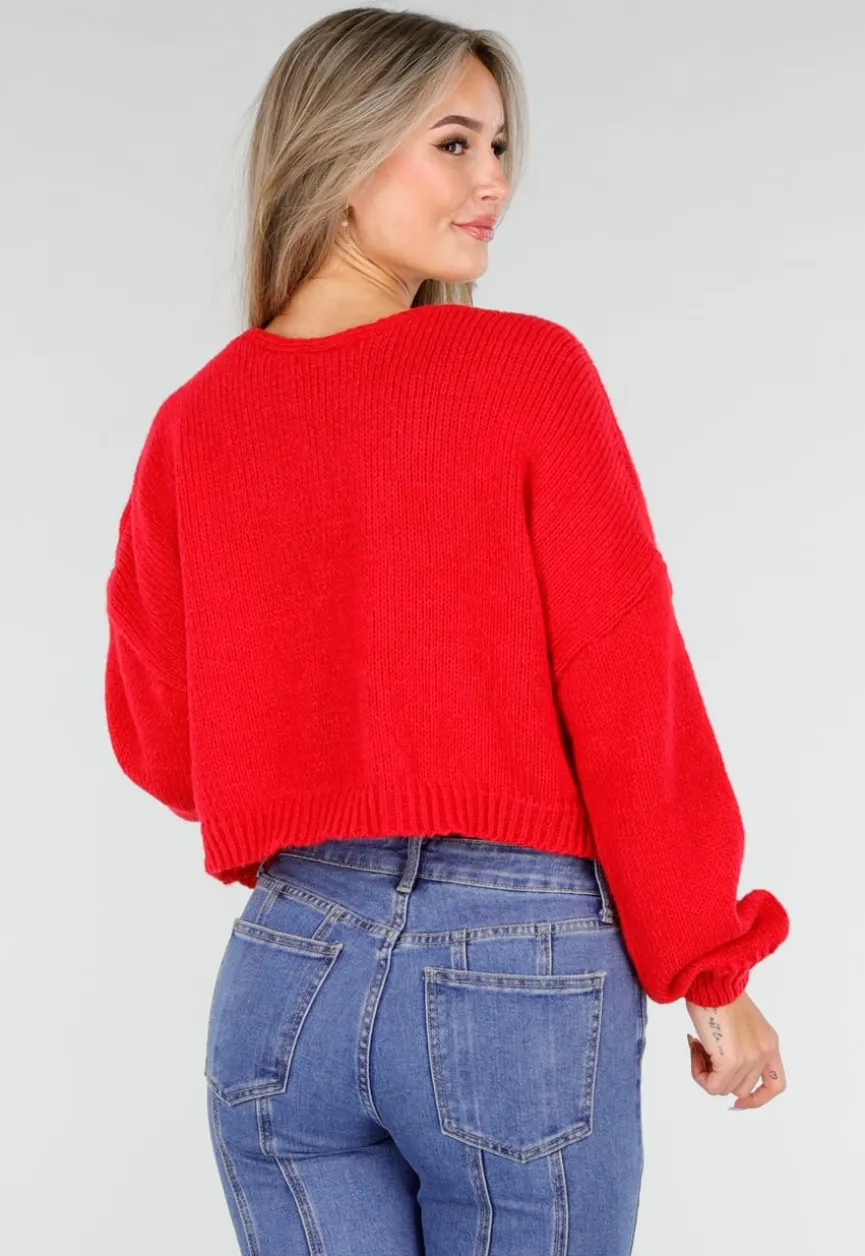 Rood Gebreid Vest met Strik aan de Voorzijde