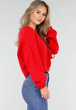 Rood Gebreid Vest met Strik aan de Voorzijde