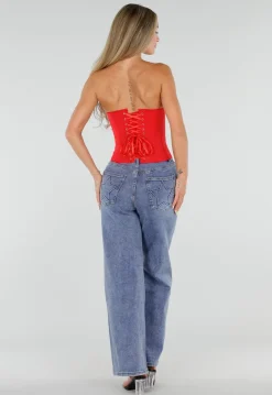 Rood Gestreept Strapless Korset met Baleinen, Beugel en Rits