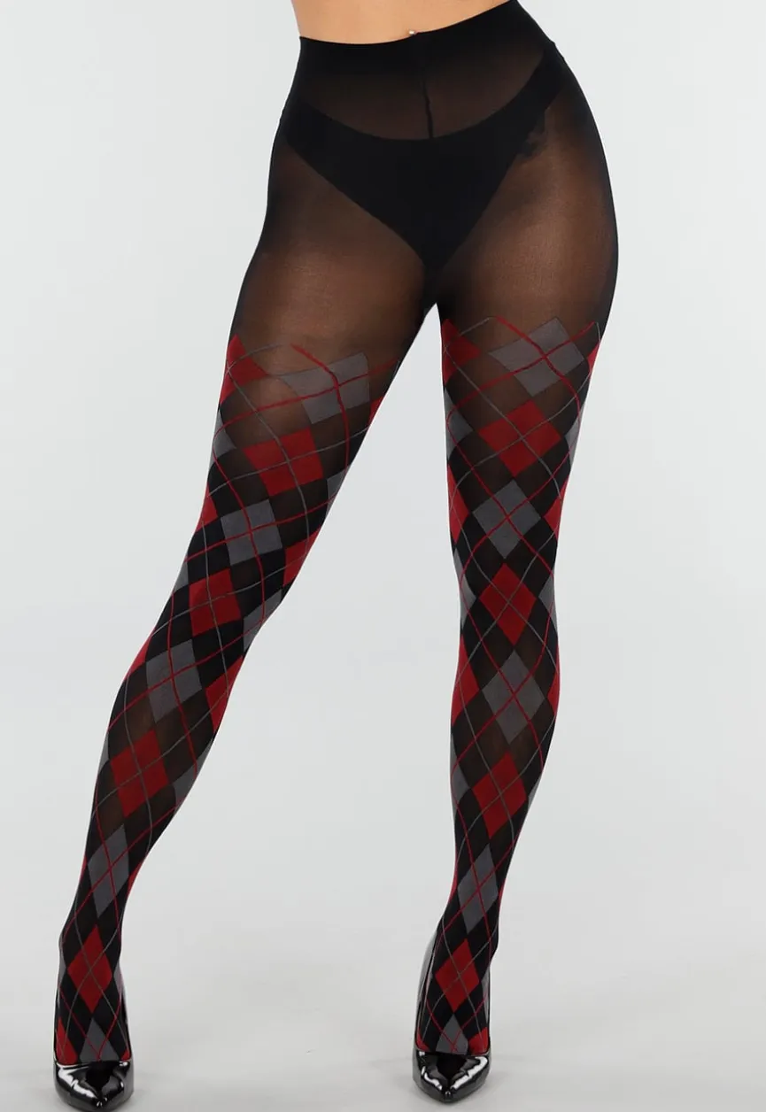 Rood Grijze Panty met Argyle Print