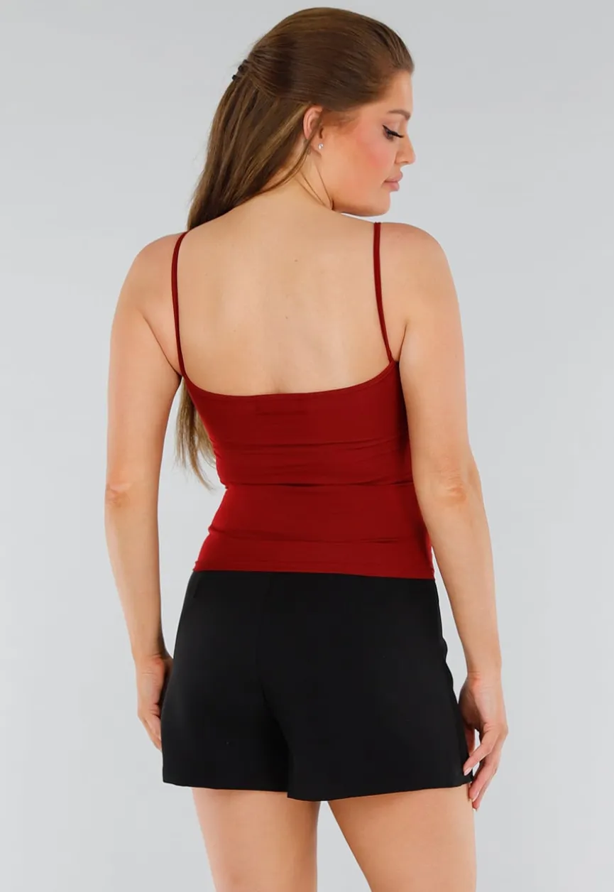 Rood Hemdtopje met Stretch, Cups en Vierkante Hals