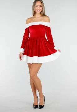 Rood Kerstjurkje met Witte Bies en Off Shoulder