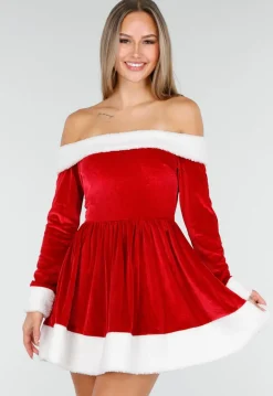 Rood Kerstjurkje met Witte Bies en Off Shoulder