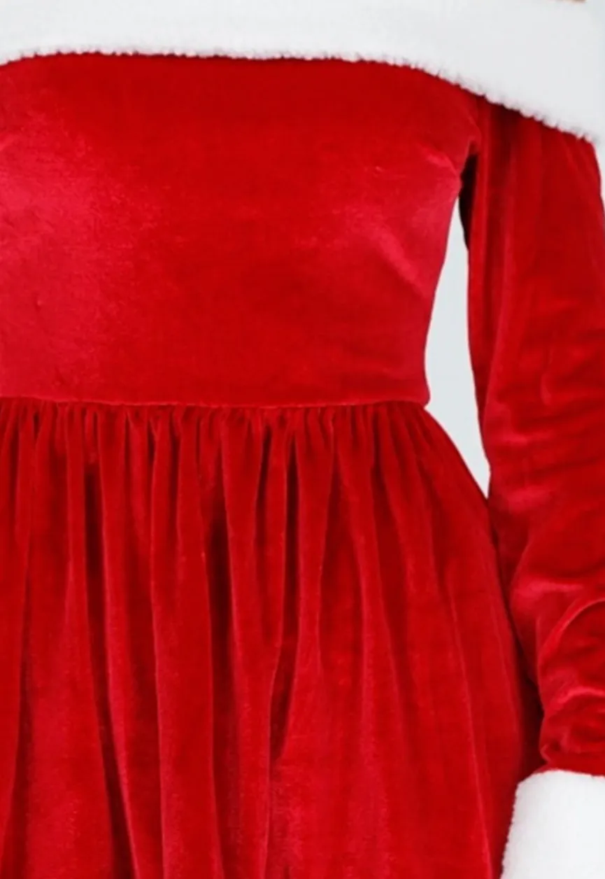 Rood Kerstjurkje met Witte Bies en Off Shoulder