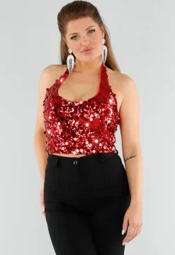 Rood Pailletten Halter Top met Open Rug