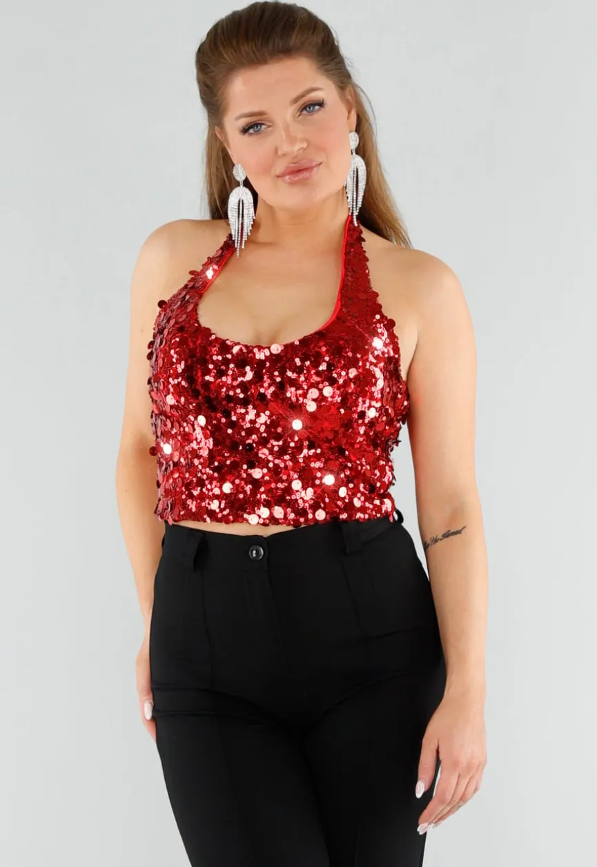 Rood Pailletten Halter Top met Open Rug