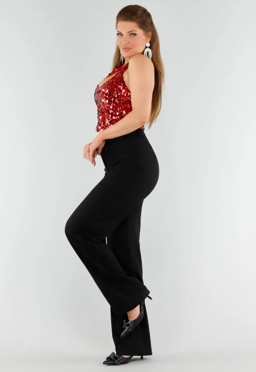 Rood Pailletten Halter Top met Open Rug
