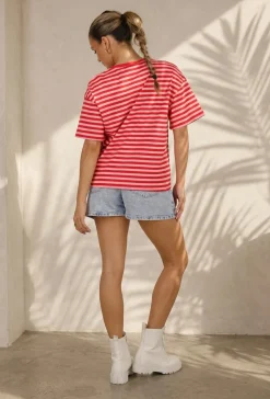 Rood Roze Gestreept T-shirt met Korte Mouwen en Ronde Hals