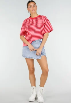 Rood Roze Gestreept T-shirt met Korte Mouwen en Ronde Hals