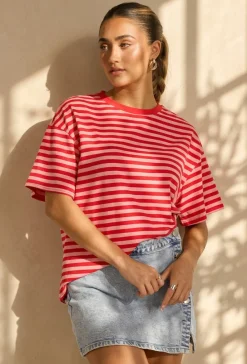 Rood Roze Gestreept T-shirt met Korte Mouwen en Ronde Hals