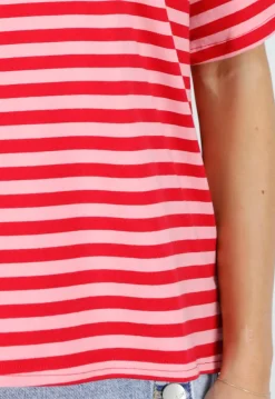 Rood Roze Gestreept T-shirt met Korte Mouwen en Ronde Hals