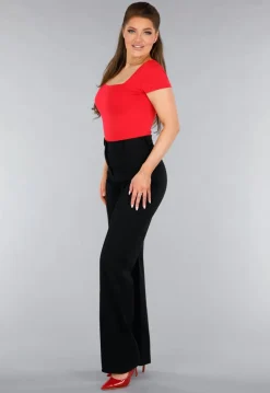 Rood Shirt in Stretchstof met Vierkante Hals en Korte Mouwen