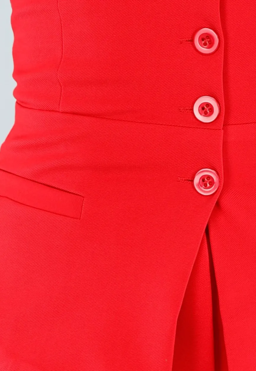 Rood Strapless Knoopdetail Korsettop met Plooi en Paspelzakken