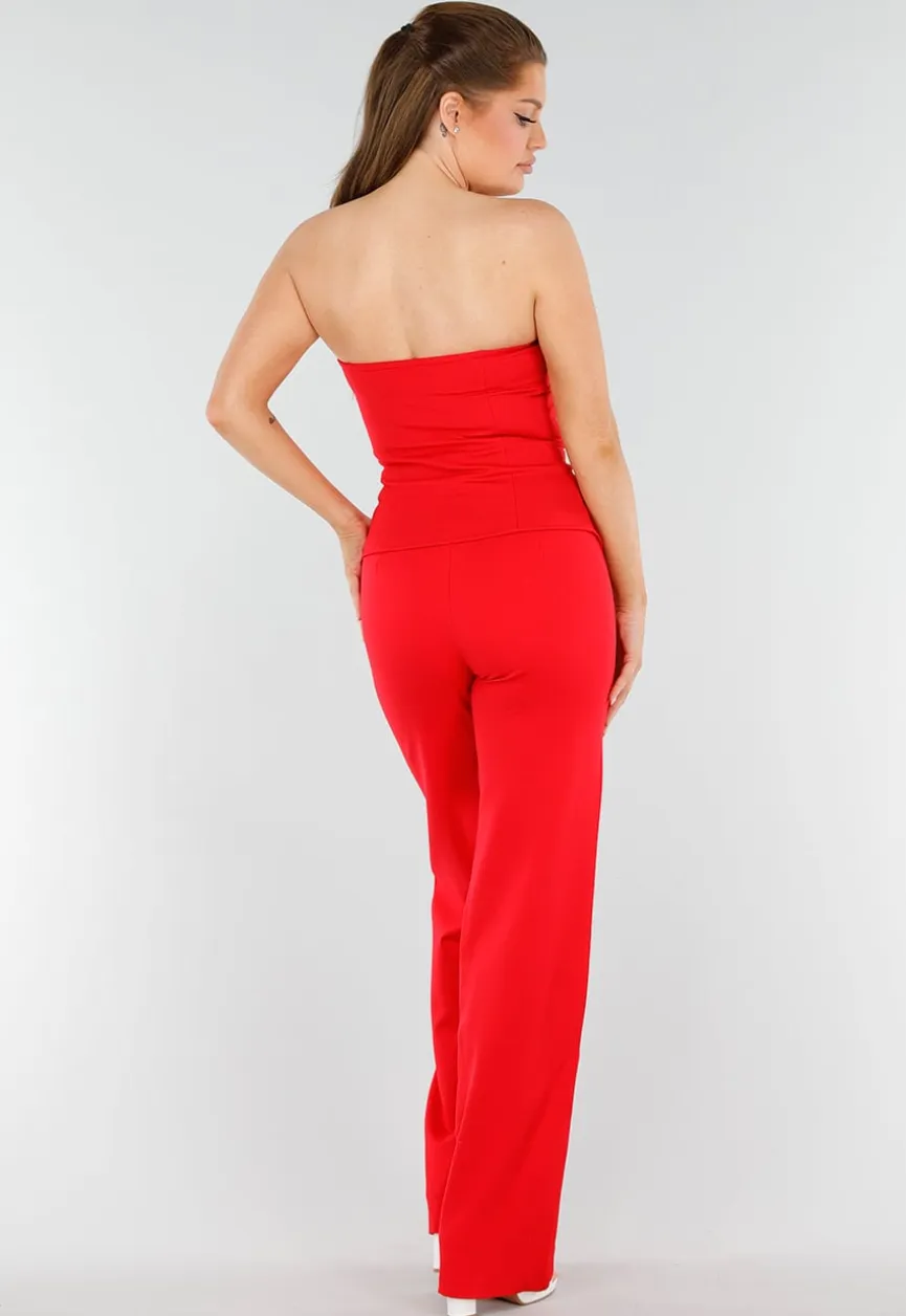 Rood Strapless Knoopdetail Korsettop met Plooi en Paspelzakken