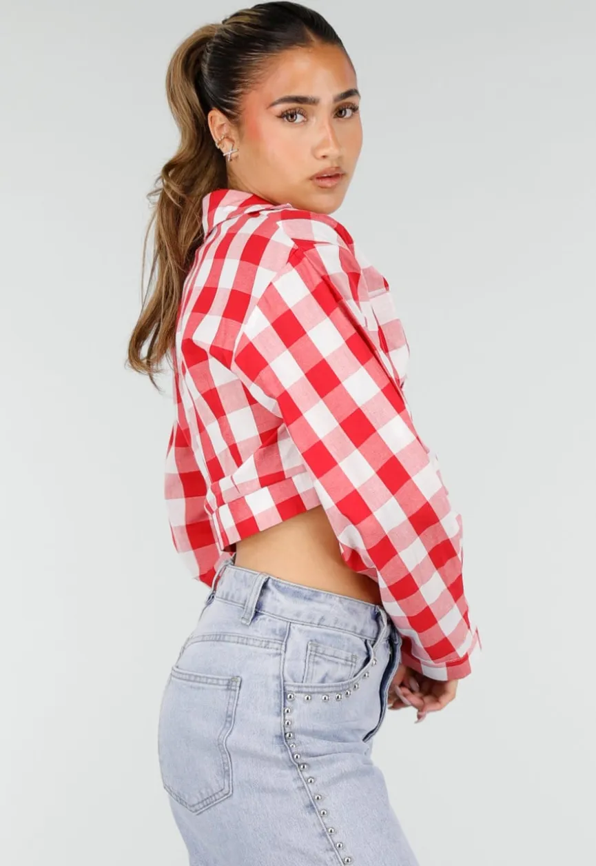 Rood Wit Geruite Cropped Blouse met Striksluiting