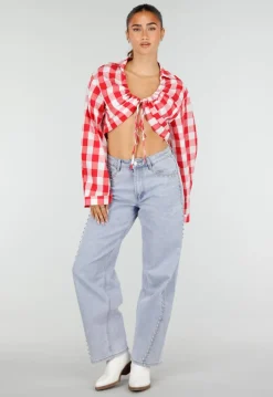 Rood Wit Geruite Cropped Blouse met Striksluiting