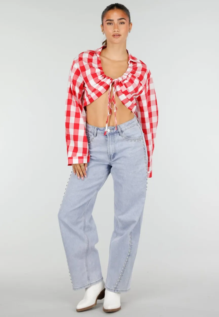 Rood Wit Geruite Cropped Blouse met Striksluiting