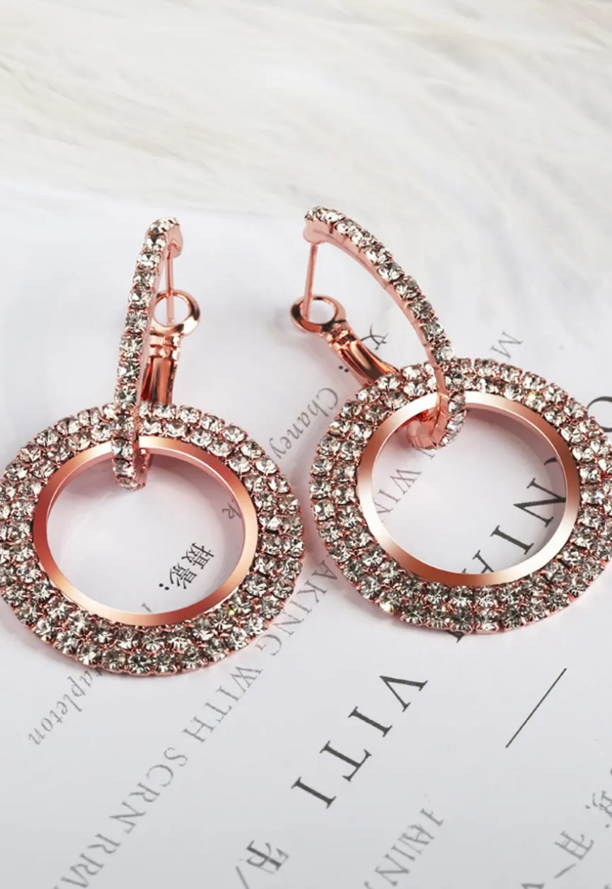 Rosé Gouden Stainless Cirkel Oorbellen met Strass Steentjes