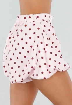 Roze Ballon Short met Bordeaux Stippen en Bubble Hem