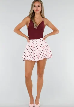 Roze Ballon Short met Bordeaux Stippen en Bubble Hem