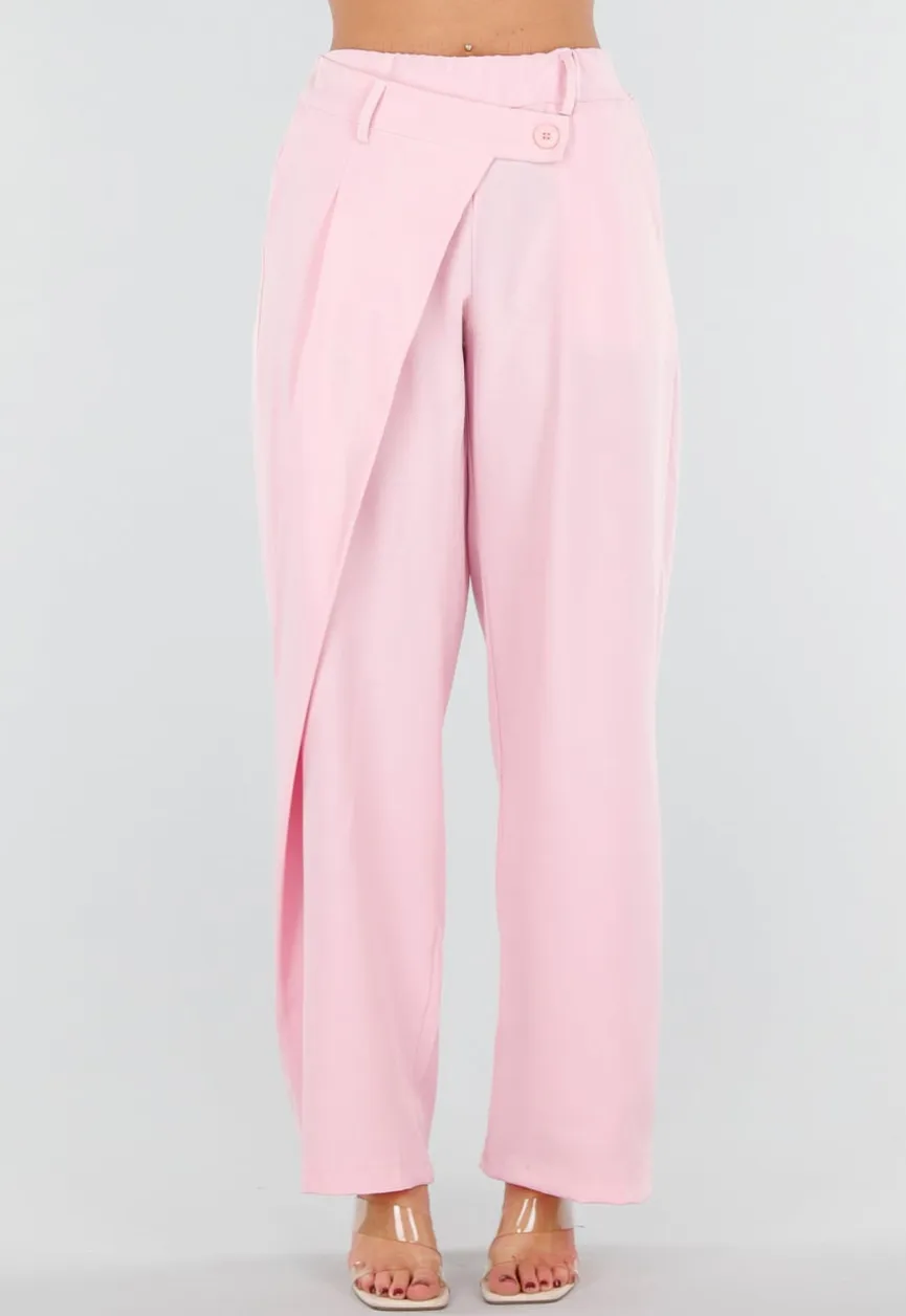 Roze Barrel Overslag Broek met Plooien en Stretchband