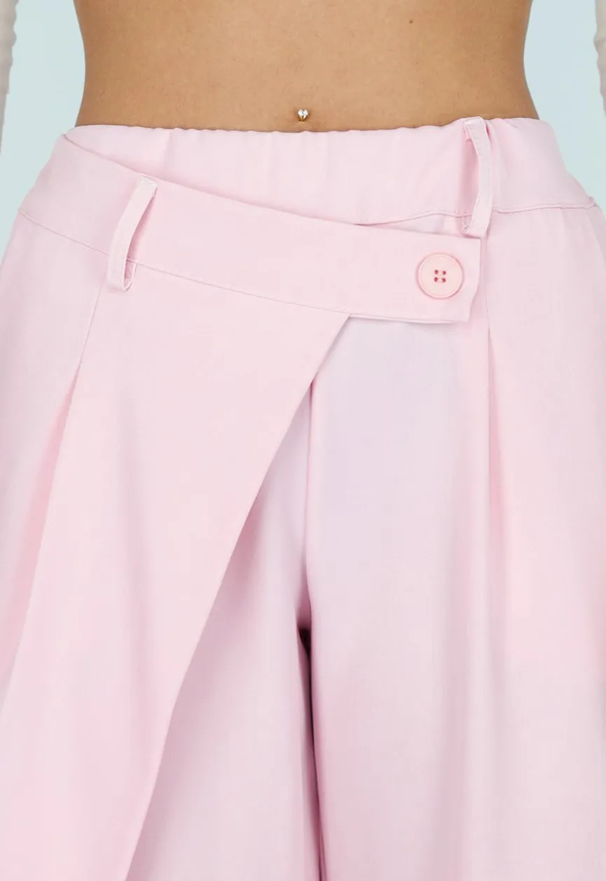 Roze Barrel Overslag Broek met Plooien en Stretchband