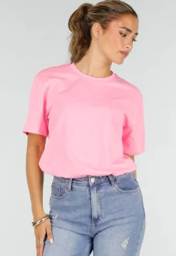 Roze Basic T-Shirt met Ronde Hals en Korte Mouwen
