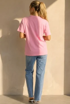 Roze Basic T-Shirt met Ronde Hals en Korte Mouwen