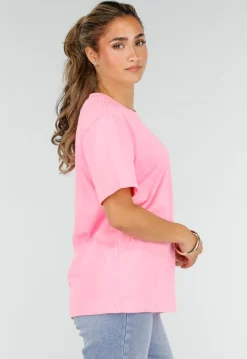 Roze Basic T-Shirt met Ronde Hals en Korte Mouwen
