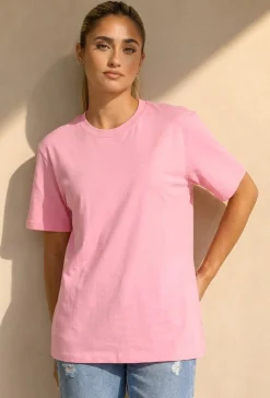 Roze Basic T-Shirt met Ronde Hals en Korte Mouwen