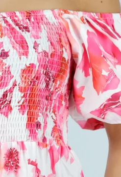 Roze Bloemen Maxi Jurk met Pofmouwen en Gesmokte Taille